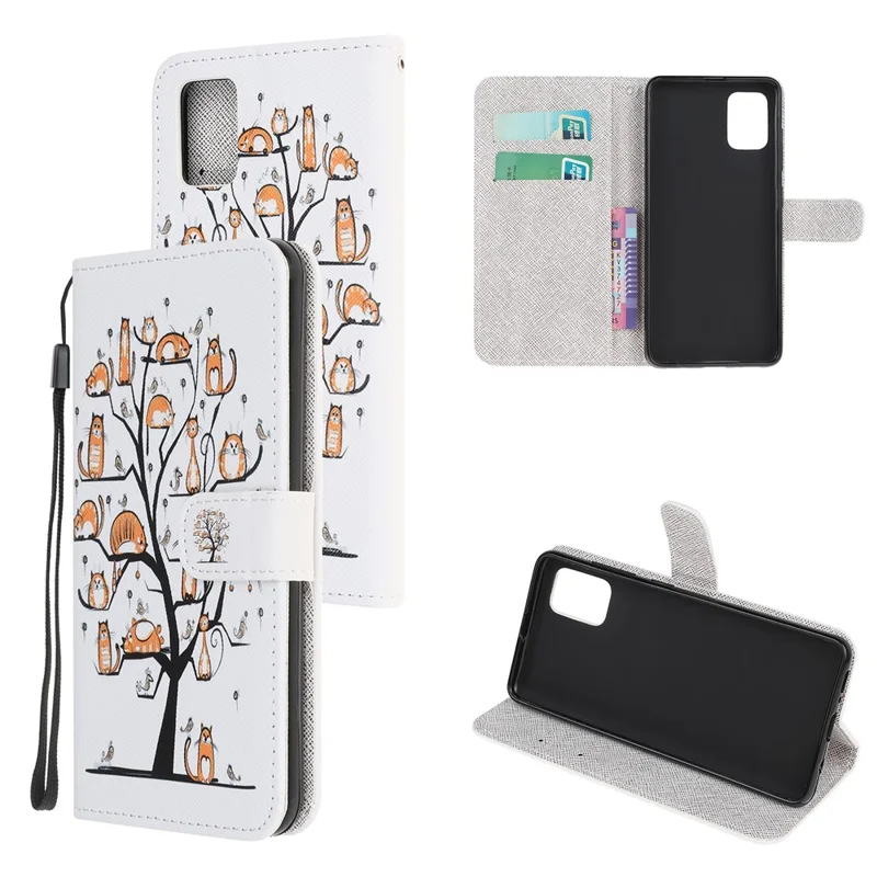 Pattern Printing Cross Texture Leather Wallet Cover with Strap for Samsung Galaxy A31 - Animals on Tree