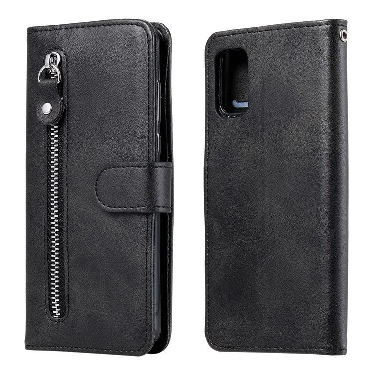 Zipper Pocket Leather Wallet Stand Case para Samsung Galaxy A41 (Versão Global) - Preto
