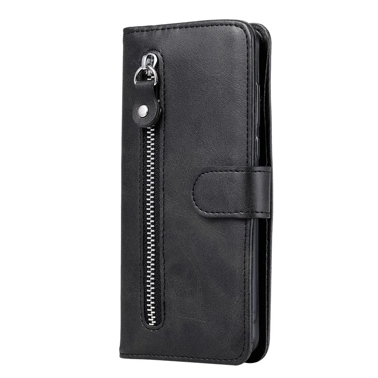 Caixa de Suporte de Couro de Bolso Com Zíper Para Samsung Galaxy A41 (versão Global) - Preto