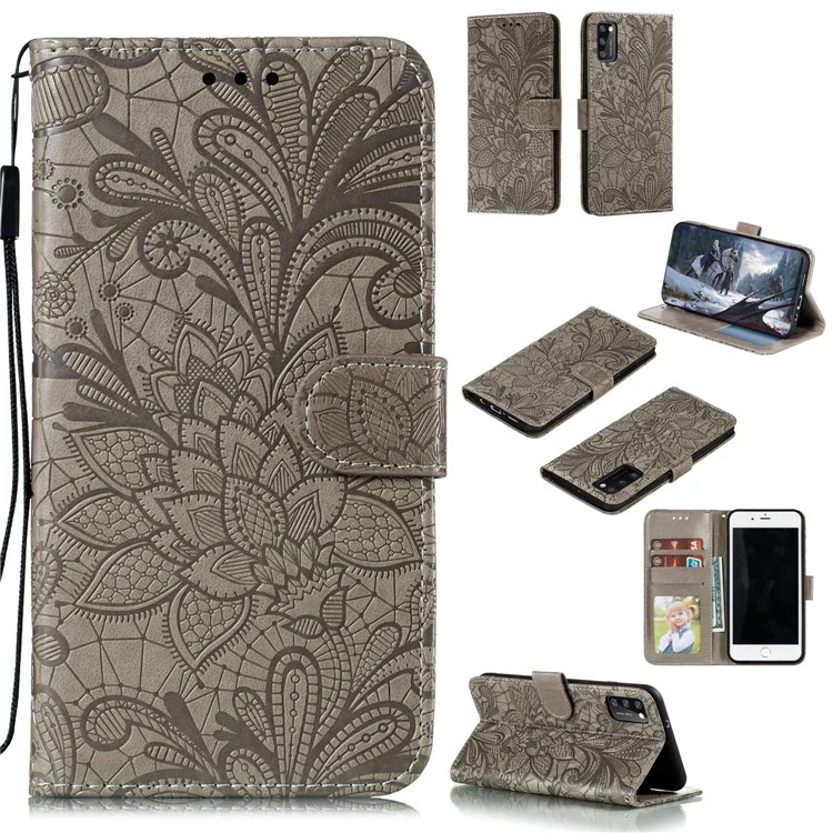 Custodia in pelle con fiore in pizzo stampato con supporto a portafoglio per Samsung Galaxy A41 (versione globale) - Marrone