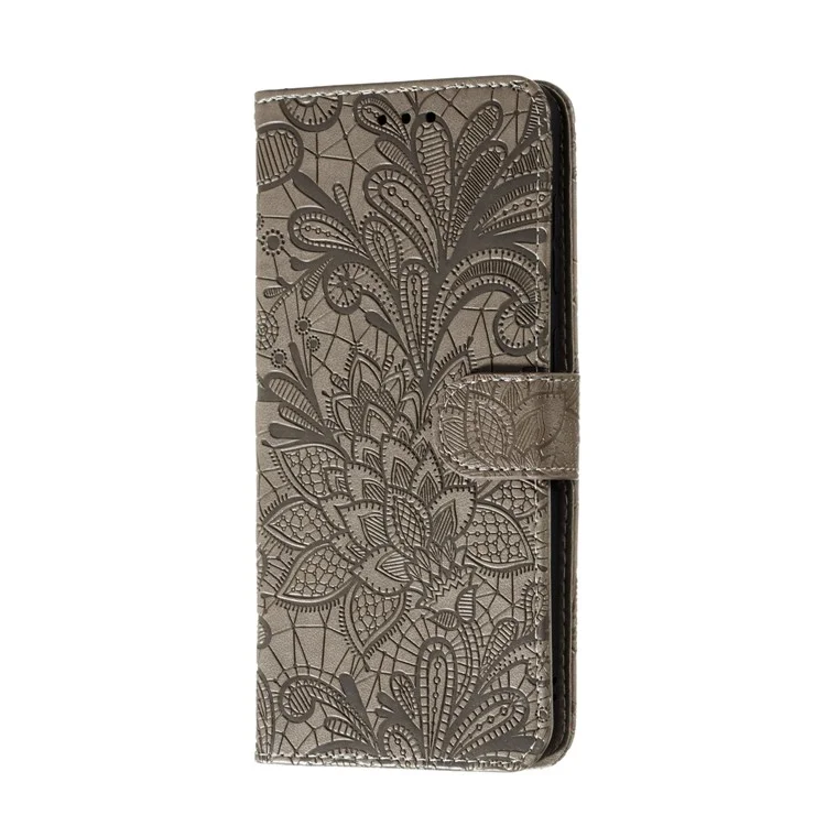 Custodia in pelle con fiore in pizzo stampato con supporto a portafoglio per Samsung Galaxy A41 (versione globale) - Marrone