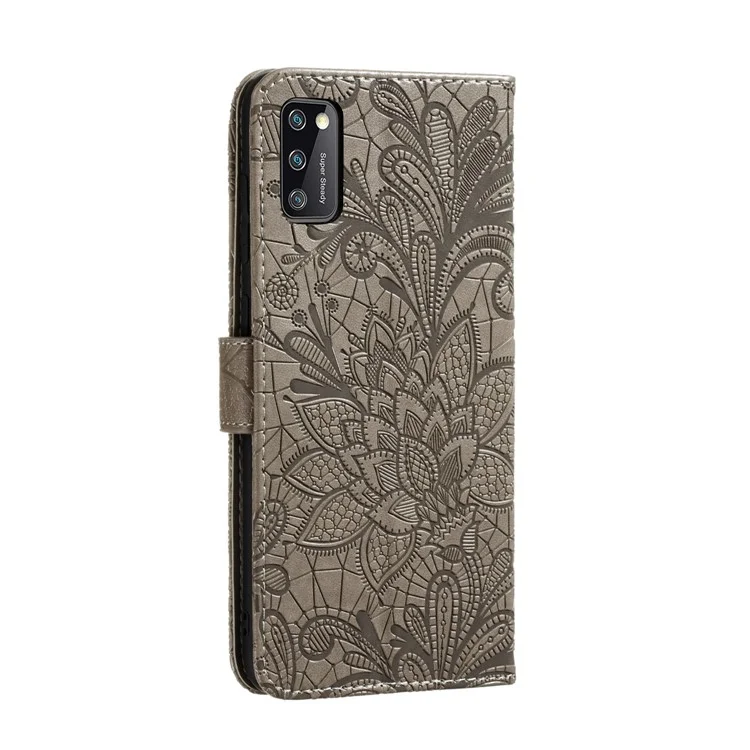 Custodia in pelle con fiore in pizzo stampato con supporto a portafoglio per Samsung Galaxy A41 (versione globale) - Marrone