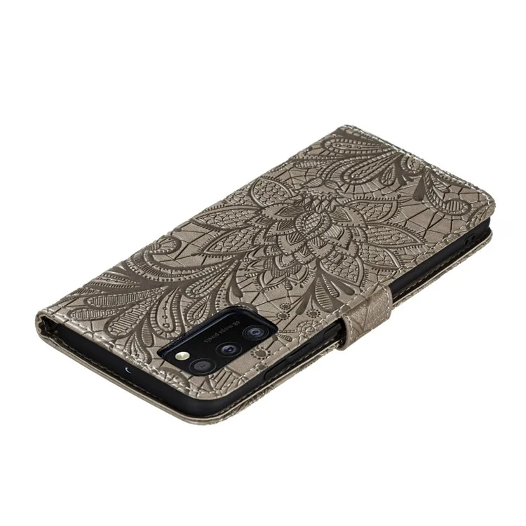 Custodia in pelle con fiore in pizzo stampato con supporto a portafoglio per Samsung Galaxy A41 (versione globale) - Marrone