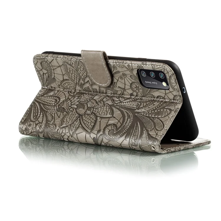 Custodia in pelle con fiore in pizzo stampato con supporto a portafoglio per Samsung Galaxy A41 (versione globale) - Marrone