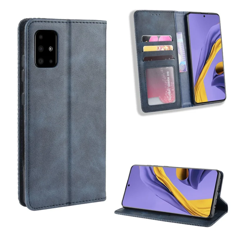 Retro lederen hoes met portemonnee en standaard voor Samsung Galaxy A71 5G SM-A716 - Blauw