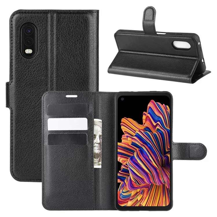 Litchi Skin Wallet Leather Stand Case for Samsung Galaxy Xcover Pro - Black