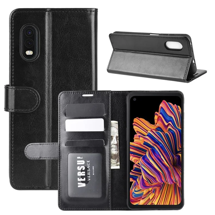 Crazy Horse Wallet Leather Mobile Phone Case for Samsung Galaxy Xcover Pro - Black