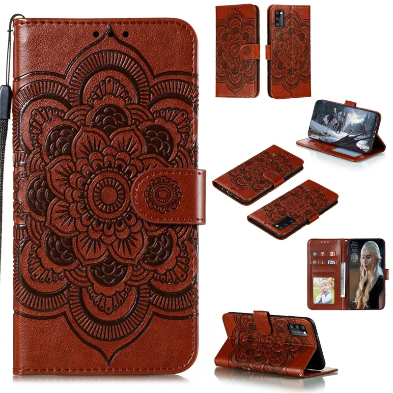 Impronta Mandala Fiore Portafoglio in Pelle con Cordino per Samsung Galaxy A41 (Versione Globale) - Marrone
