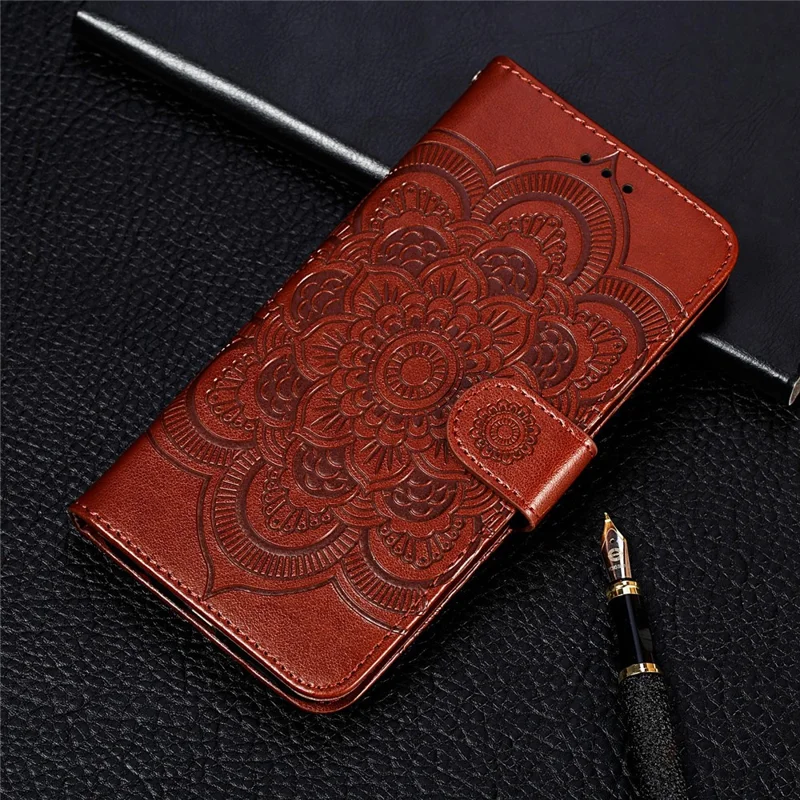 Impronta Mandala Fiore Portafoglio in Pelle con Cordino per Samsung Galaxy A41 (Versione Globale) - Marrone