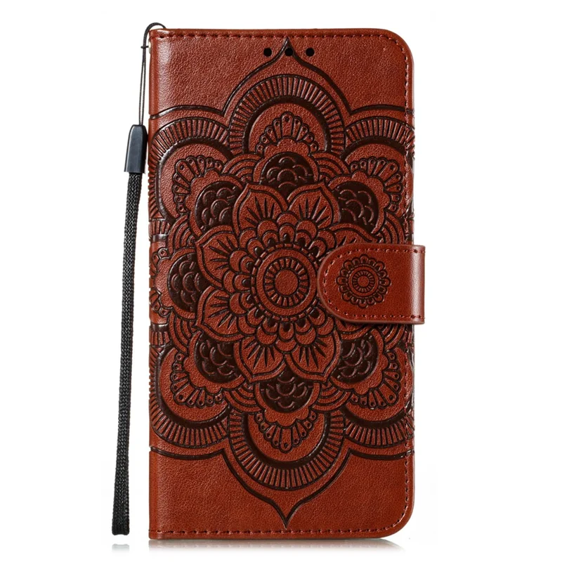 Impronta Mandala Fiore Portafoglio in Pelle con Cordino per Samsung Galaxy A41 (Versione Globale) - Marrone