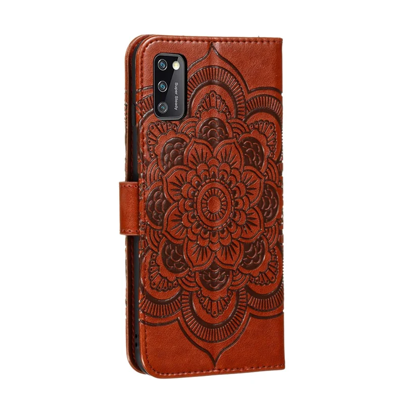 Impronta Mandala Fiore Portafoglio in Pelle con Cordino per Samsung Galaxy A41 (Versione Globale) - Marrone