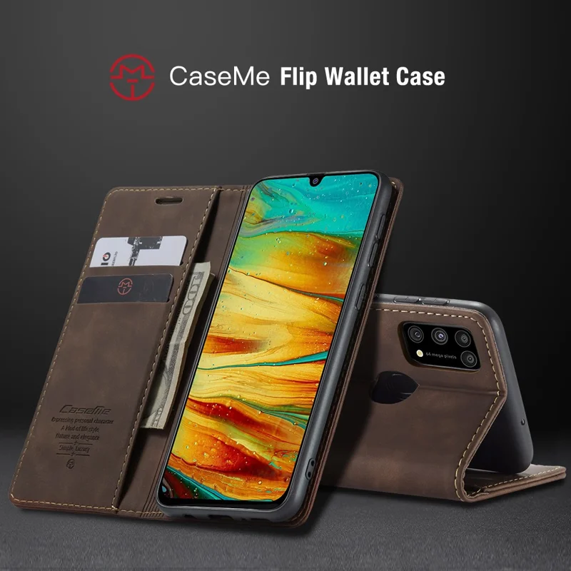 CASEME 013 Series Auto-absorbed Leather Shell for Samsung Galaxy M31 - Coffee
