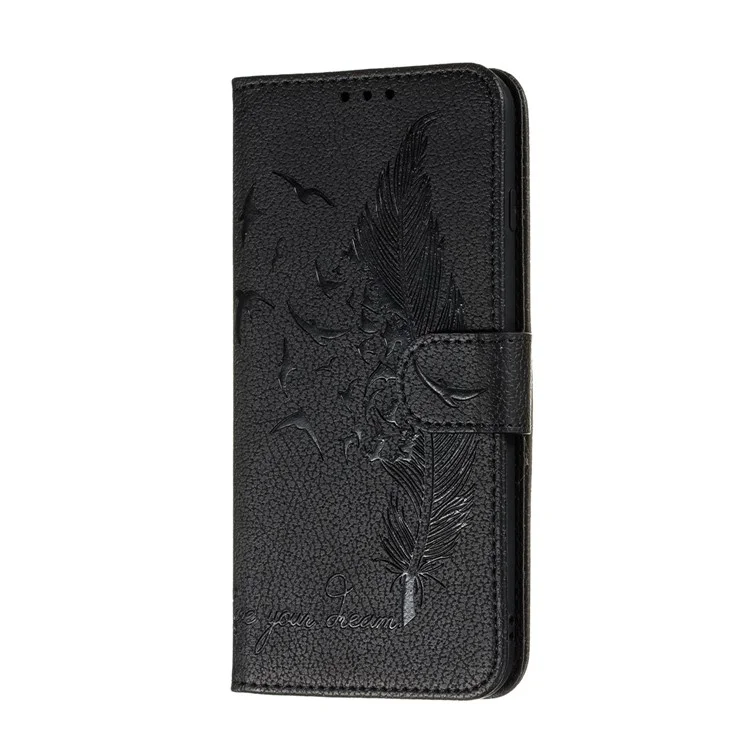 Litchi Texture Imprint Feather Leather Phone Case Wallet for Samsung Galaxy A41 (Global Version) - Black