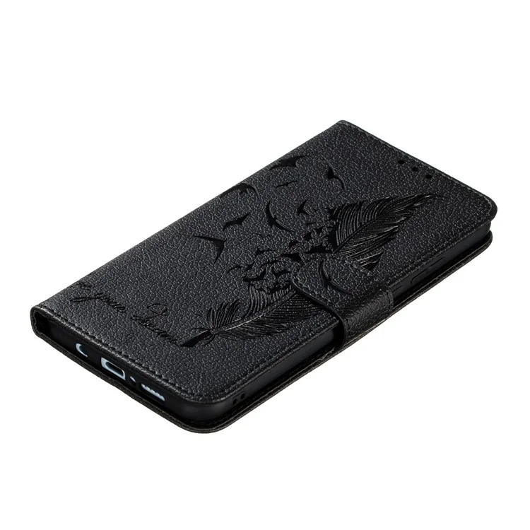 Litchi Texture Imprint Feather Leather Phone Case Wallet for Samsung Galaxy A41 (Global Version) - Black