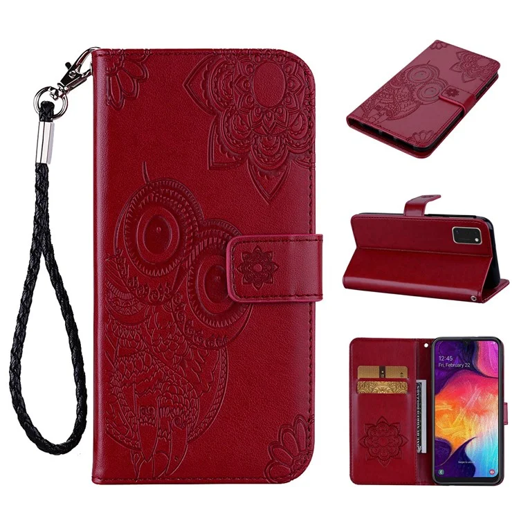 Imprint Flower Owl Pattern Leather Wallet Stand Phone Case Shell for Samsung Galaxy A41 (Global Version) - Red