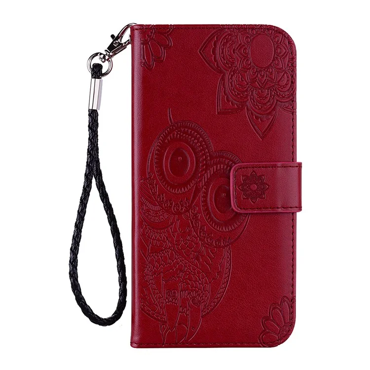 Imprint Flower Owl Pattern Leather Wallet Stand Phone Case Shell for Samsung Galaxy A41 (Global Version) - Red