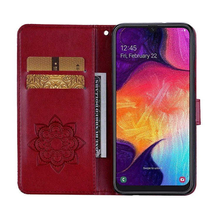 Imprint Flower Owl Pattern Leather Wallet Stand Phone Case Shell for Samsung Galaxy A41 (Global Version) - Red