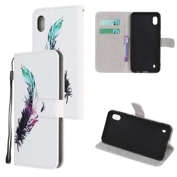 Pattern Printing Cross Texture Magnetic Leather Wallet Case for Samsung Galaxy A10 - Feather