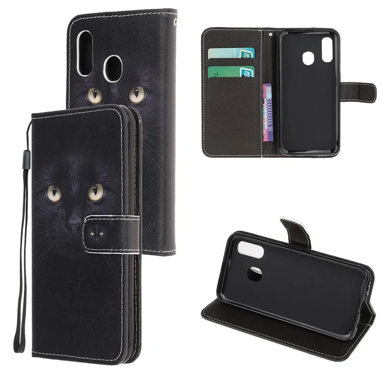 Pattern Printing Cross Texture Leather Wallet Phone Shell with Strap for Samsung Galaxy A40 - Cat Eyes