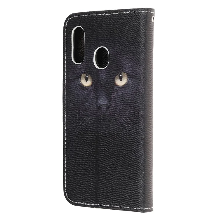Pattern Printing Cross Texture Leather Wallet Phone Shell with Strap for Samsung Galaxy A40 - Cat Eyes