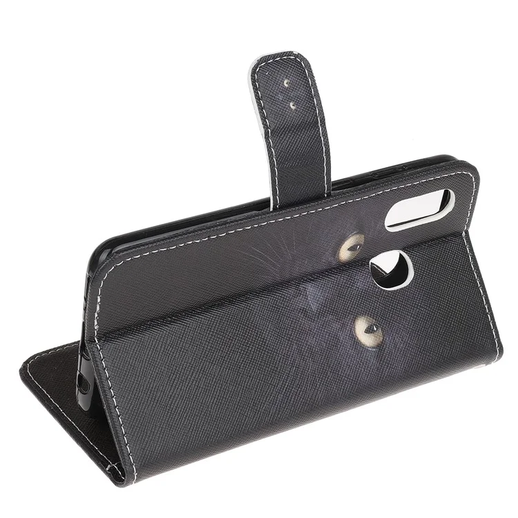 Pattern Printing Cross Texture Leather Wallet Phone Shell with Strap for Samsung Galaxy A40 - Cat Eyes