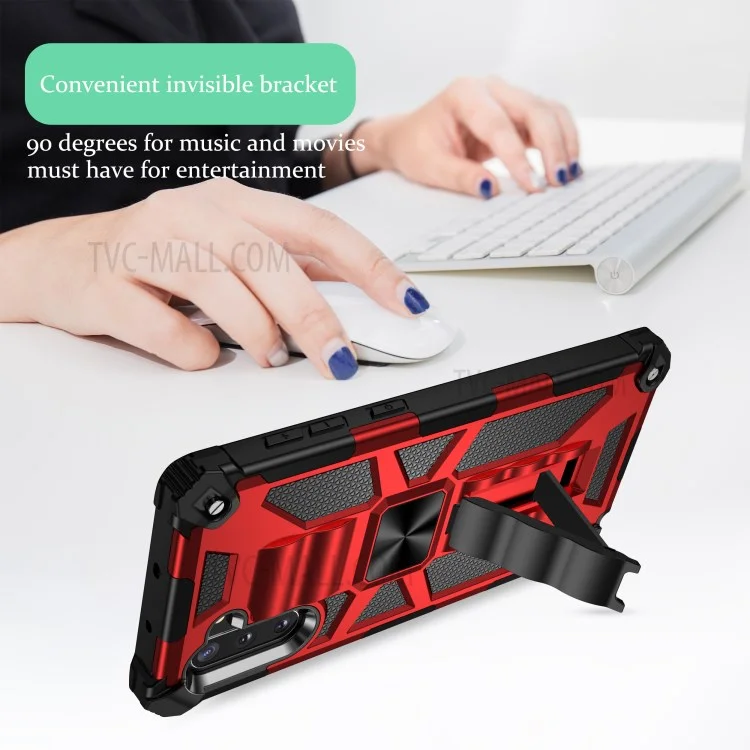 Kickstand Armor Dropproof PC TPU Hybrid Cover with Magnetic Metal Sheet for Samsung Galaxy Note 10/Note 10 5G - Red
