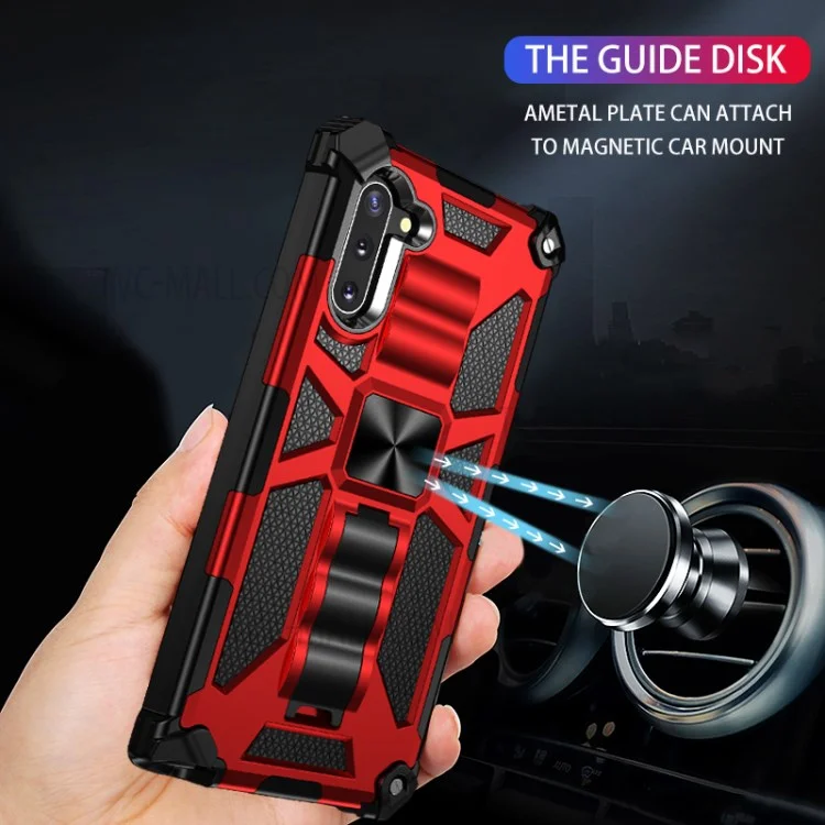 Kickstand Armor Dropproof PC TPU Hybrid Cover with Magnetic Metal Sheet for Samsung Galaxy Note 10/Note 10 5G - Red