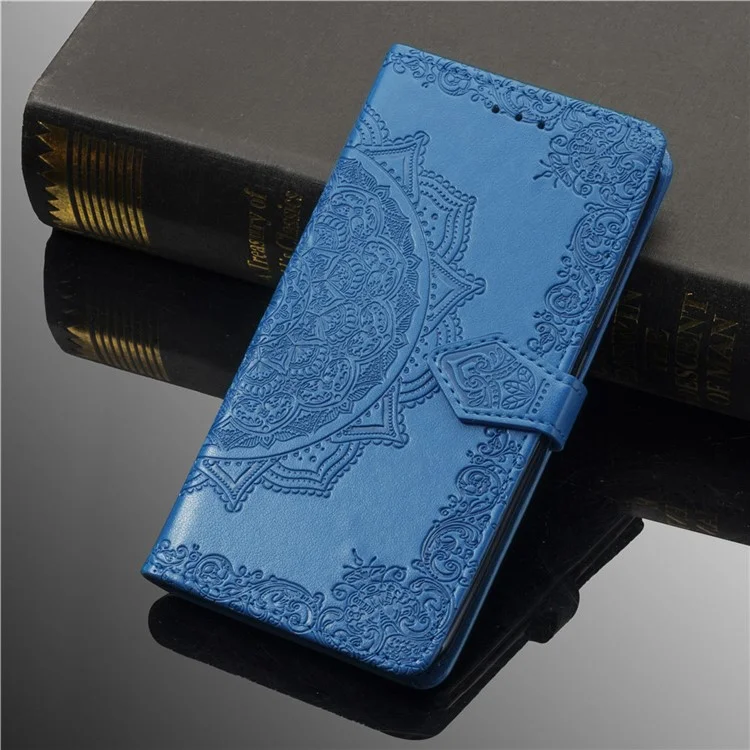 Couvercle De Protection Du Portefeuille De Portefeuille En Cuir De La Fleur De Mandala En Relief Pour Samsung Galaxy S10 Plus - Bleu