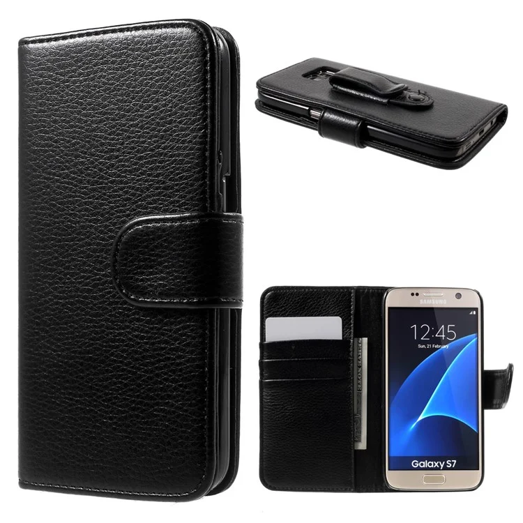 Litchi Leather Wallet Case Belt Clip Holster for Samsung Galaxy S7 G930