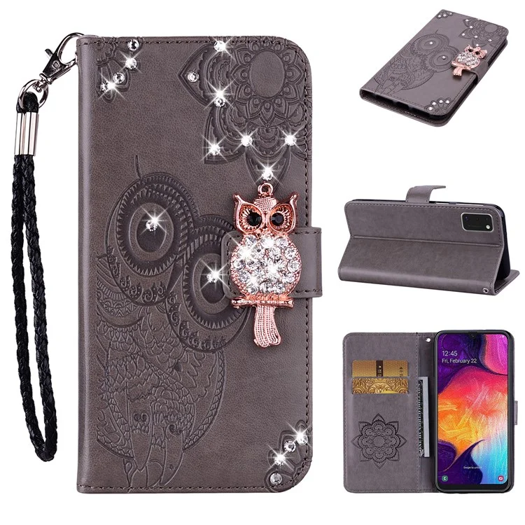 Coruja Impressão de Rhinestone Decor de Couro Concha Para Samsung Galaxy A41 (versão Global) - Castanho