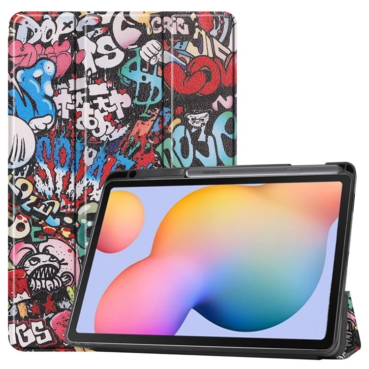 Pattern Printing Tri-Fold Stand Leather Smart Case with Pen Slot for Samsung Galaxy Tab S6 Lite (2020) / (2022) / (2024) - Cartoon Graffiti
