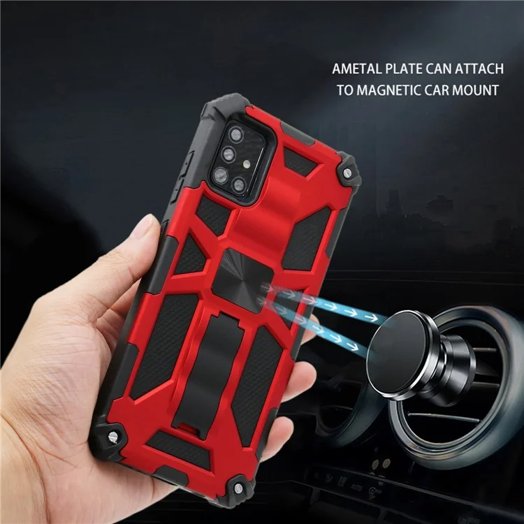 Kickstand Armor PC TPU Hybrid Phone Shell con hoja de metal magnética para Samsung Galaxy A51 SM-A515 - Rojo