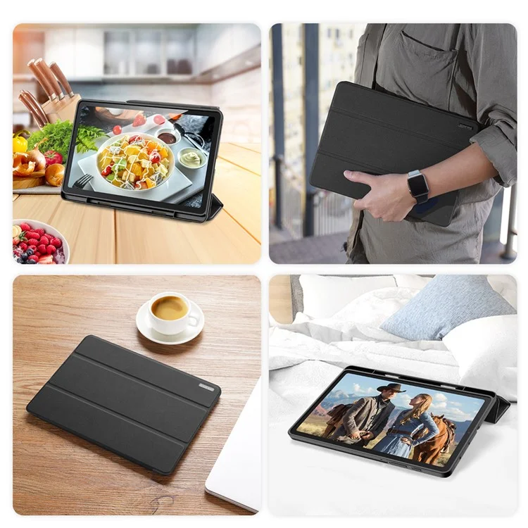 Dux Ducis Domo Series Series Dual Engel Support Tri-cold Stand Leather Smart Case с Держателем Ручки Для Samsung Galaxy Tab S6 Lite P610/P615/S6 Lite (2022) - Черный