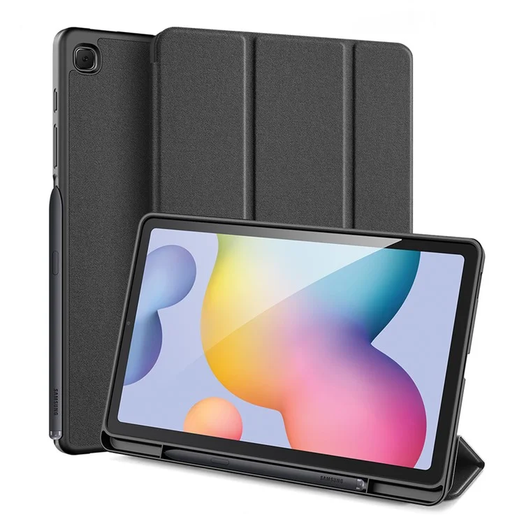 DUX DUCIS Domo Series Leather Case for Samsung Galaxy Tab S6 Lite (2024) / (2022) / (2020) P610 P615 Pen Slot Tri-Fold Stand Cover - Black