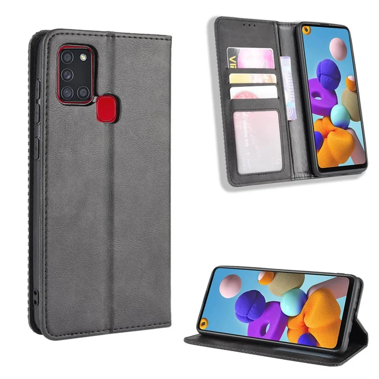 Auto-absorbierte Retro-PU-Leder-Telefon-Hülle für Samsung Galaxy A21s - Schwarz