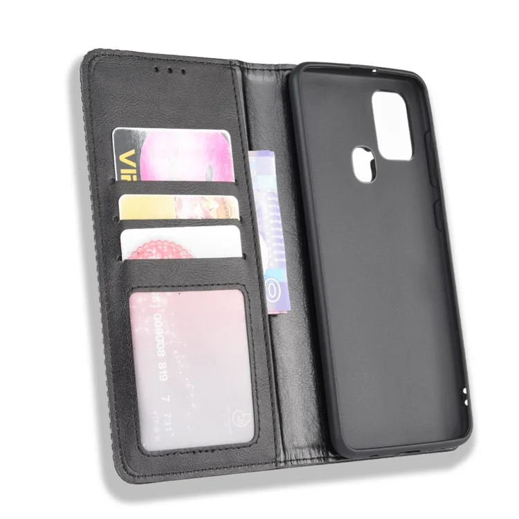 Auto-absorbierte Retro-PU-Leder-Telefon-Hülle für Samsung Galaxy A21s - Schwarz