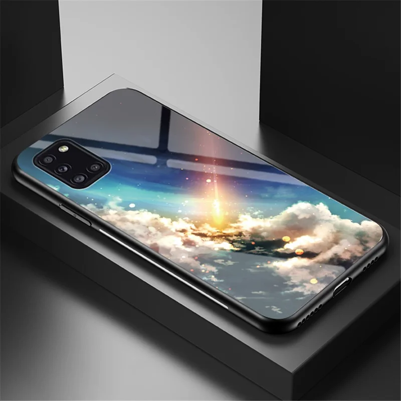 Starry Sky Pattern Tempered Glass + PC + TPU Hybrid Case for Samsung Galaxy A31 - Meteor
