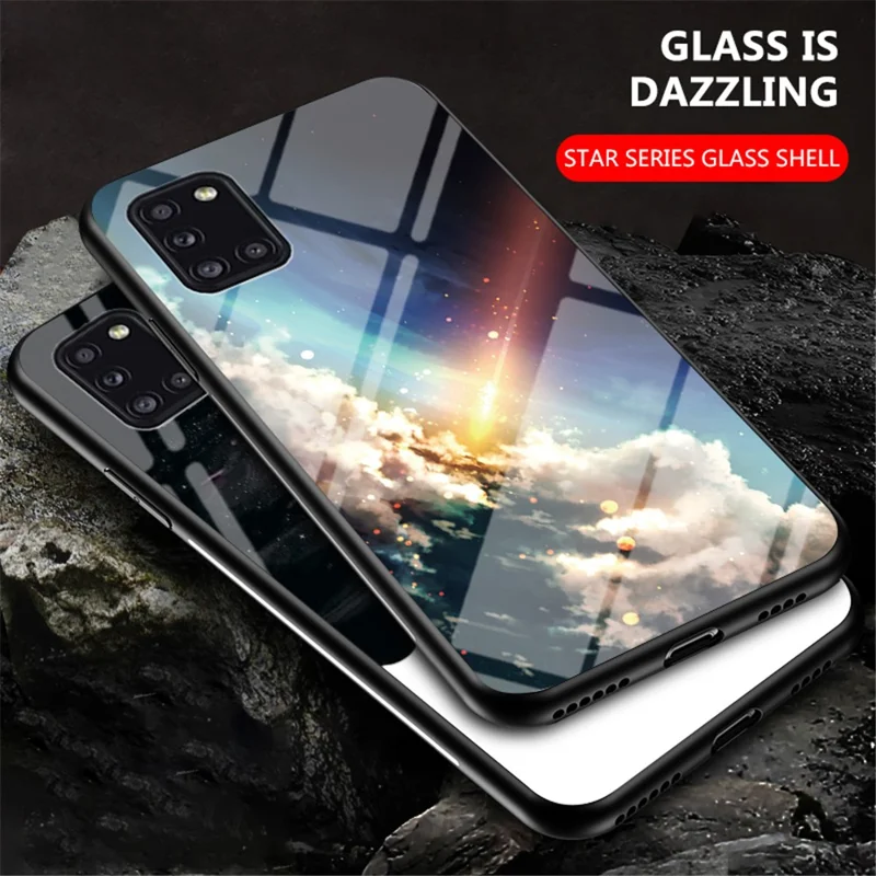 Starry Sky Pattern Tempered Glass + PC + TPU Hybrid Case for Samsung Galaxy A31 - Meteor