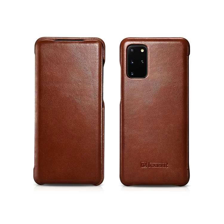 ICARER Curved Edge Vintage Genuine Leather Unique Cover for Samsung Galaxy S20 Plus - Brown