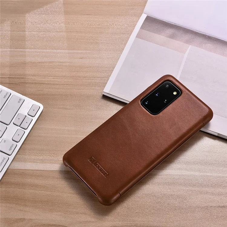 ICARER Curved Edge Vintage Genuine Leather Unique Cover for Samsung Galaxy S20 Plus - Brown