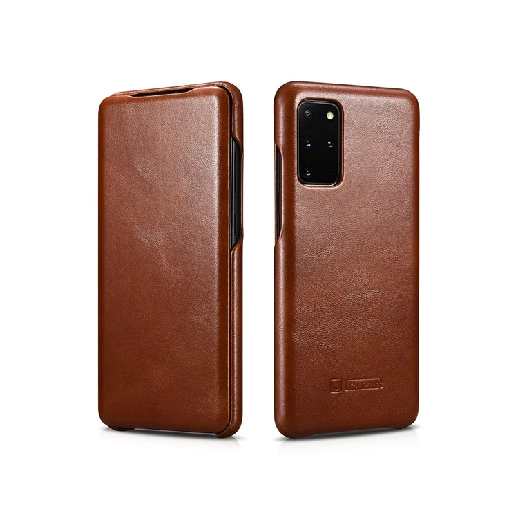 ICARER Curved Edge Vintage Genuine Leather Unique Cover for Samsung Galaxy S20 Plus - Brown