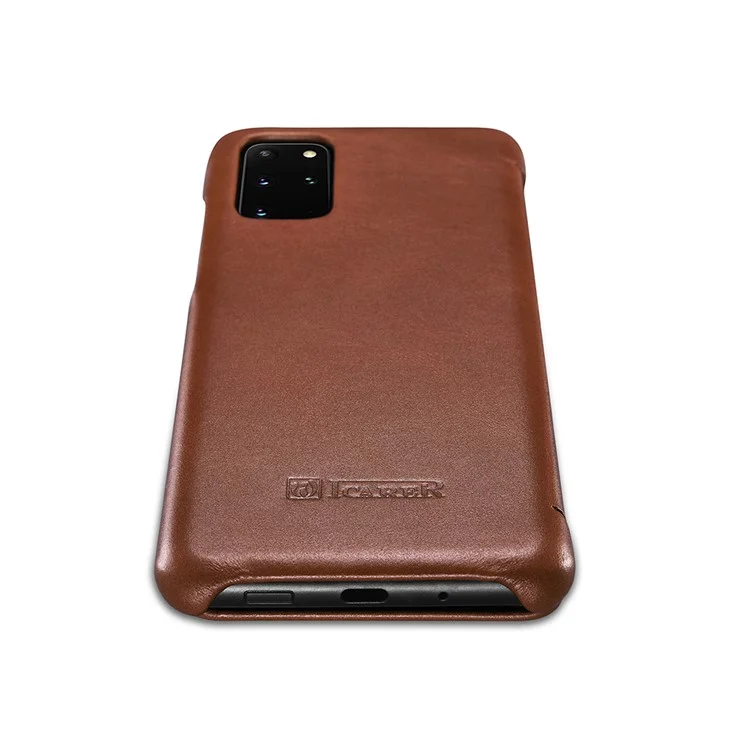 ICARER Curved Edge Vintage Genuine Leather Unique Cover for Samsung Galaxy S20 Plus - Brown