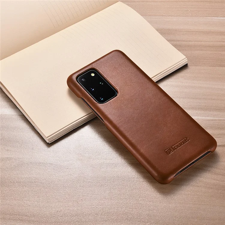 ICARER Curved Edge Vintage Genuine Leather Unique Cover for Samsung Galaxy S20 Plus - Brown