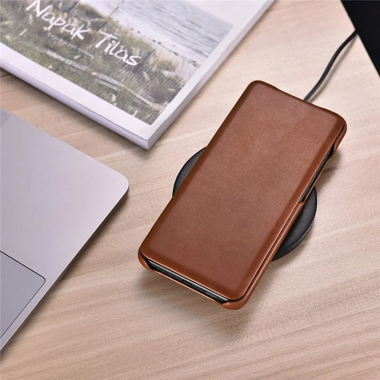 ICARER Curved Edge Vintage Genuine Leather Unique Cover for Samsung Galaxy S20 Plus - Brown