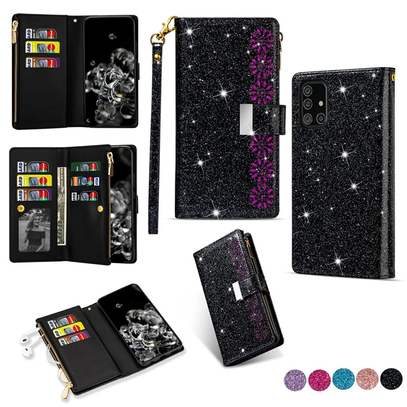 Glittery Starry Style Laser Carving Leather Case for Samsung Galaxy A51 SM-A515 - Black
