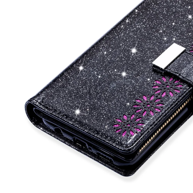 Glittery Starry Style Laser Carving Leather Case for Samsung Galaxy A51 SM-A515 - Black