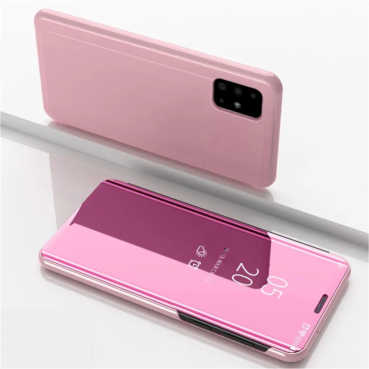 Vista de la ventana Espejo chapado Superficie de cuero Soporte de concha para Samsung Galaxy A71 5G SM-A716 - Oro rosa