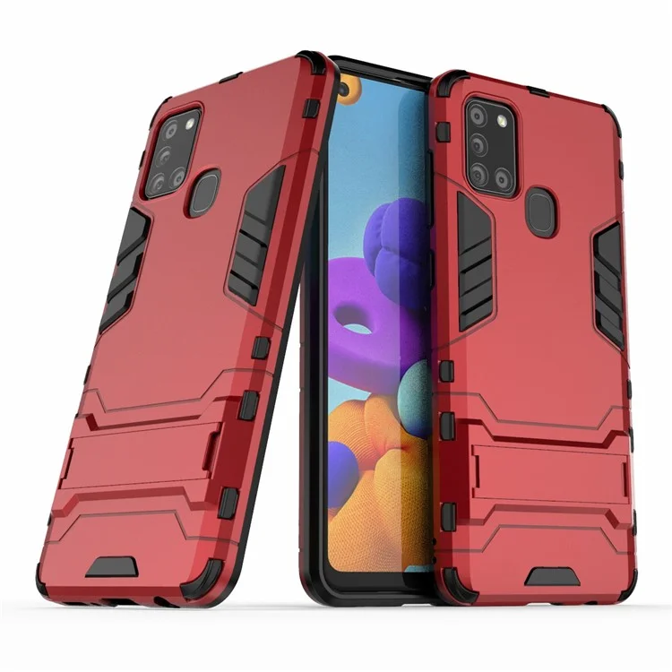 Shockproof Mobile Phone Covering Shell Hard Plastic + TPU Phone Case with Kickstand for Samsung Galaxy A21s - Red