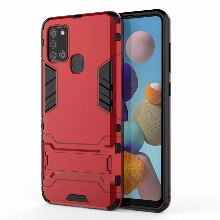 Shockproof Mobile Phone Covering Shell Hard Plastic + TPU Phone Case with Kickstand for Samsung Galaxy A21s - Red