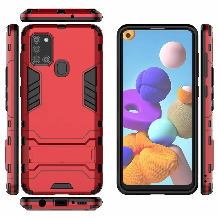 Shockproof Mobile Phone Covering Shell Hard Plastic + TPU Phone Case with Kickstand for Samsung Galaxy A21s - Red